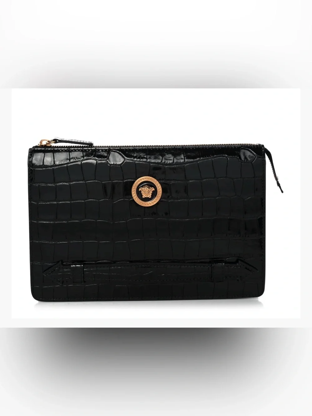 Versace Black Croc-Embossed Leather Zip Pouch with Gold Medusa Accent